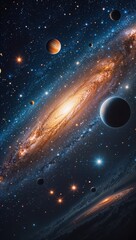 Within the vast galaxy, mesmerizing stars twinkle against the velvet expanse, planets floating like jewels in the cosmic sea of darkness. The image, whether a painting or photograph