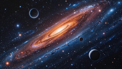 Within the vast galaxy, mesmerizing stars twinkle against the velvet expanse, planets floating like jewels in the cosmic sea of darkness. The image, whether a painting or photograph