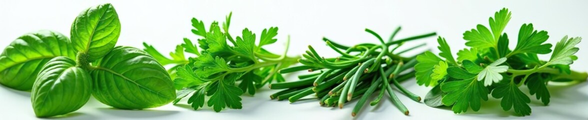 Freshly picked spring herbs and plants including basil, chives, parsley, and thyme,  thyme,  botanical