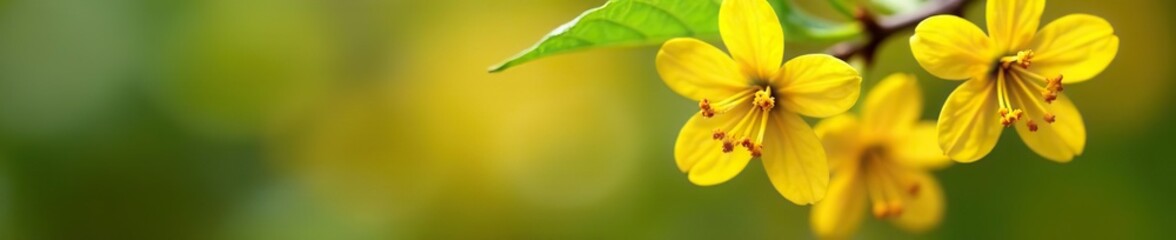 Close up shot of blooming yellow Ribes aureum flowers with soft focus, showcasing the beauty of golden currant, clove currant, pruner berry, and buffalo currant,  flowers,  soft focus