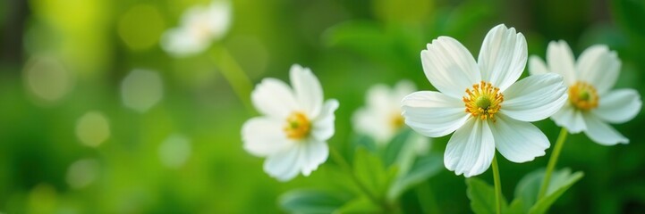 Obraz premium Close-up shot of delicate white flowers of Anemone Canadensis blooming in a lush garden setting, Anemone Canadensis, beautiful