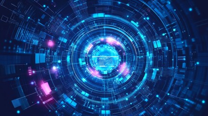 Circular Tech Abstract Blue and Pink Glowing Circuitry, Data ,Network