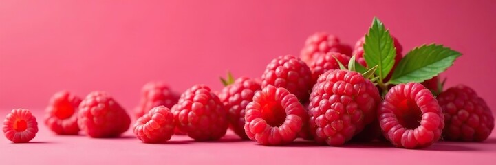 Fresh ripe red raspberries arranged in a horizontal background with a vibrant raspberry color scheme, background, fruit
