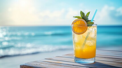 Refreshing tropical summer drinks with citrus fruits and mint leaves served in clear glasses on a wooden table by the beach with a bright ocean backdrop, perfect for holiday and vacation concepts.