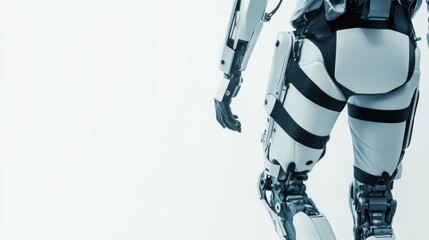 A person using a robotic exoskeleton for mobility assistance, rehabilitation center with patient wearing the device while walking, High-tech style