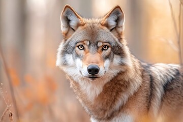Obraz premium Eurasian wolf looking intensely in the forest during autumn