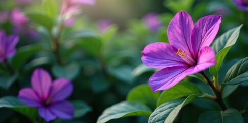 Full blooming purple flowers contrasted with vibrant greens of leaves and foliage,  plants,  nature