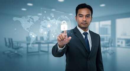 Obraz premium 真剣な表情で未来のセキュリティを構築するビジネスマン