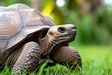 Galapagos giant tortoise walking on green grass in its natural habitat