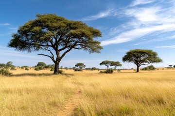 Acacia trees rising from dry grassland in african savanna under blue sky