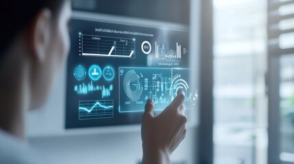 A person using a smart air conditioner to control room temperature, office setting with digital interface showing temperature settings and energy usage, High-tech style