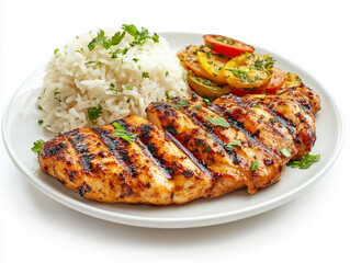 Grilled chicken meat with rice on a plate, isolated on a white background