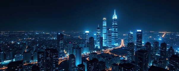 Futuristic cityscape with digital blueprints overlay featuring skyscrapers, urban landscape, technology, black background,  landscape,  cityscape