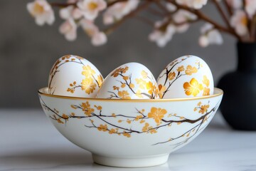 Fototapeta premium Easter eggs with golden sakura flowers decorating a white bowl
