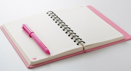 Open pink notebook with heart drawing and pink pen on white background for love and inspiration concept