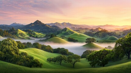 Fototapeta premium Sunrise mist over valley landscape nature scene soft light tranquil environment aerial view serene beauty