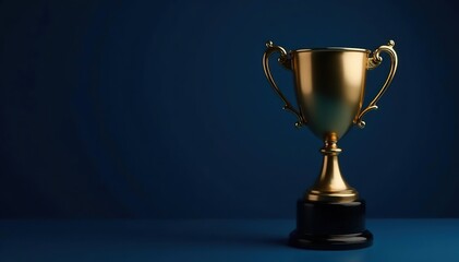 Golden trophy cup on dark blue background with center focus,  trophy,  accomplishment