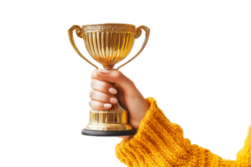 Woman Holding Golden Trophy with Textured Sweater on Transparent Background