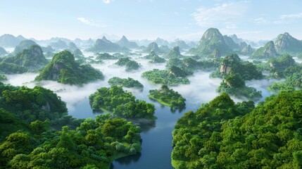 Misty morning scenic view lush valley nature photography serene environment aerial perspective gigapixel quality