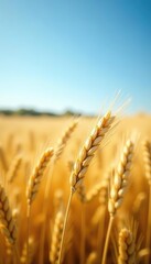 Naklejka premium Golden wheat field swaying in the breeze under a clear blue sky on a sunny day, idyllic, wheat