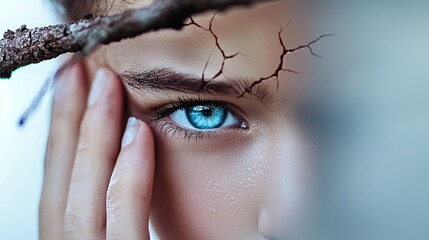 Close-up face, cracked skin, branches