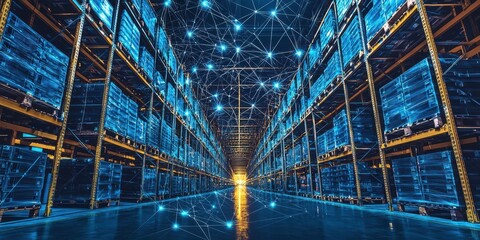 A futuristic warehouse with illuminated shelves and a network of digital connections, showcasing advanced logistics and technology in storage solutions.