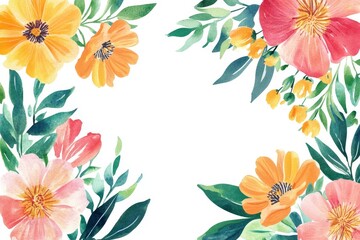 Obraz premium Watercolor floral theme. White background with colorful minimalist flowers on the edges, leaving most of the space for text.