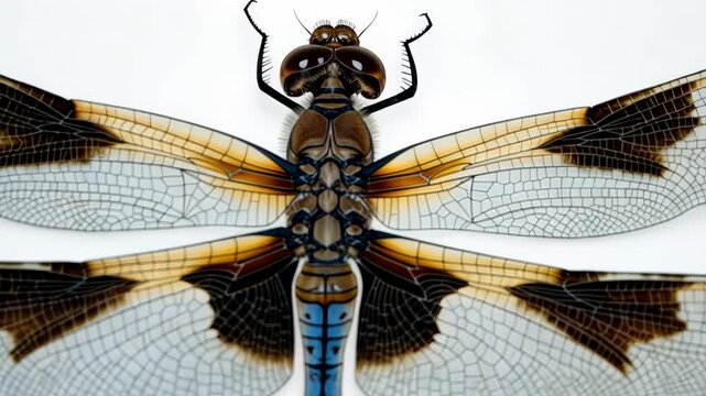 Anatomy of a dragonfly showcases intricate wing patterns and body structure in detail