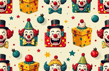 Naklejka premium fun pattern with surprise boxes and clown heads for April Fools' Day