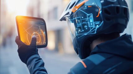 A person using a smart bike helmet with integrated navigation, outdoor cycling path with helmet displaying route data and directions, High-tech style