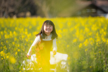 菜の花に包まれて微笑む女の子の春のひととき