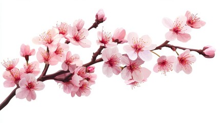 Cherry blossom branch, pink flowers isolated on a white background.