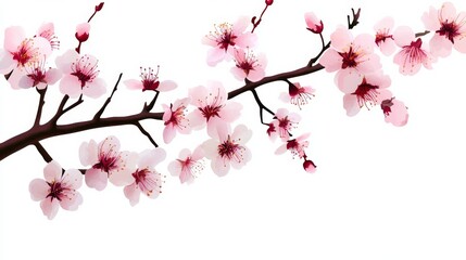 Fototapeta premium Cherry blossom branch, pink flowers isolated on a white background.