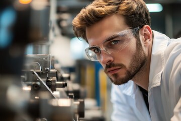 Man in lab coat with safety glasses looks at fiber optic equipment. Use for science, research, quality control, or high-tech industry concepts.