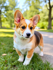 cute puppy Pembroke Welsh Corgi with one ear standing up outdoor in summer park