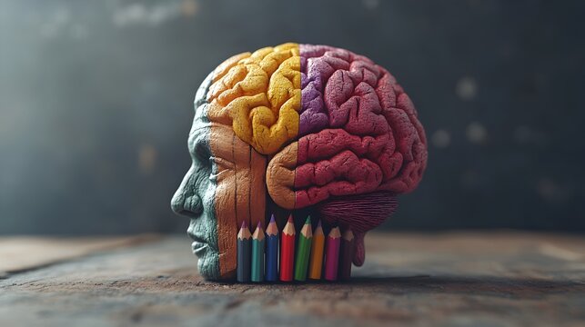A colorful sculpted human brain model rests on a rustic wooden table with colored pencils nearby symbolizing creativity and lect. - Powered by Adobe