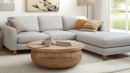 Minimalist living room with gray sofa, wooden coffee table, and rattan lamp, embodying modern simplicity and natural elegance.
