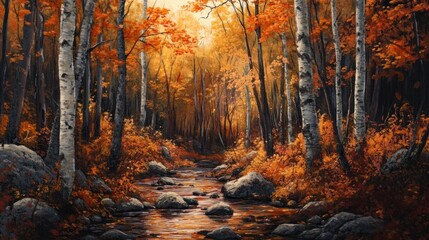 Obraz premium A serene autumn landscape featuring a flowing stream surrounded by vibrant orange foliage.