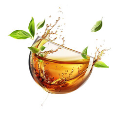 A Refreshing Glass of Iced Tea with Splashes and Fresh Green Leaves Captured in Motion, isolated transparent background