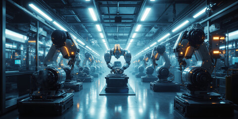 Advanced Robotics Production Factory A cutting-edge production facility where robotics systems are assembled. The room is dimly lit with soft
