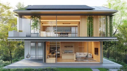 Fototapeta premium Modern glass house with open spaces and greenery, showcasing contemporary architecture.