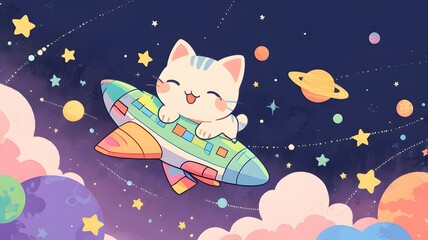 Naklejka premium Cute cat surrounded by twinkling stars.