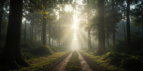 Obraz premium Foggy Forest Path with Soft Morning Light A mysterious forest path is shrouded in early morning fog, with soft beams
