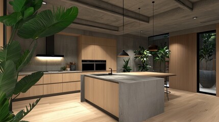 A modern kitchen featuring a blend of wood and concrete elements, illuminated by stylish lighting and adorned with indoor plants for a fresh look.