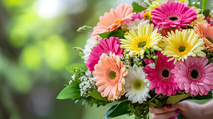 Colorful Gerbera Daisy Bouquet Held with Love in a Hand. Bright and vibrant gerbera daisies in a bouquet held by hand
