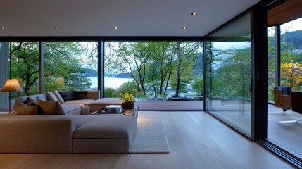 Fototapeta premium Modern living room with large glass windows showcasing a serene natural view of trees and water, blending indoor comfort with outdoor beauty.