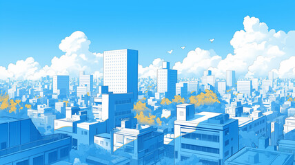 青空に広がる入道雲が爽やかな夏の都市風景イラスト・緑とビルが共存する癒しの街並み・ポップなレトロアニメ調線画・ナチュラルで明るい生活感のある都市の背景素材・青春の日常風景・夏休み