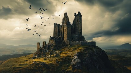 Fototapeta premium A dramatic landscape featuring a ruined castle atop a hill, surrounded by dark clouds and birds.