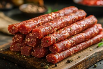 Pile of dry-cured sausages with spices sits on a wooden cutting board. Great shot for food blogs, menu design, or culinary publication.