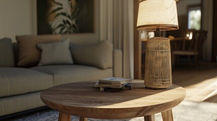 Minimalist living room with gray sofa, wooden coffee table, and rattan lamp, embodying modern simplicity and natural elegance.
